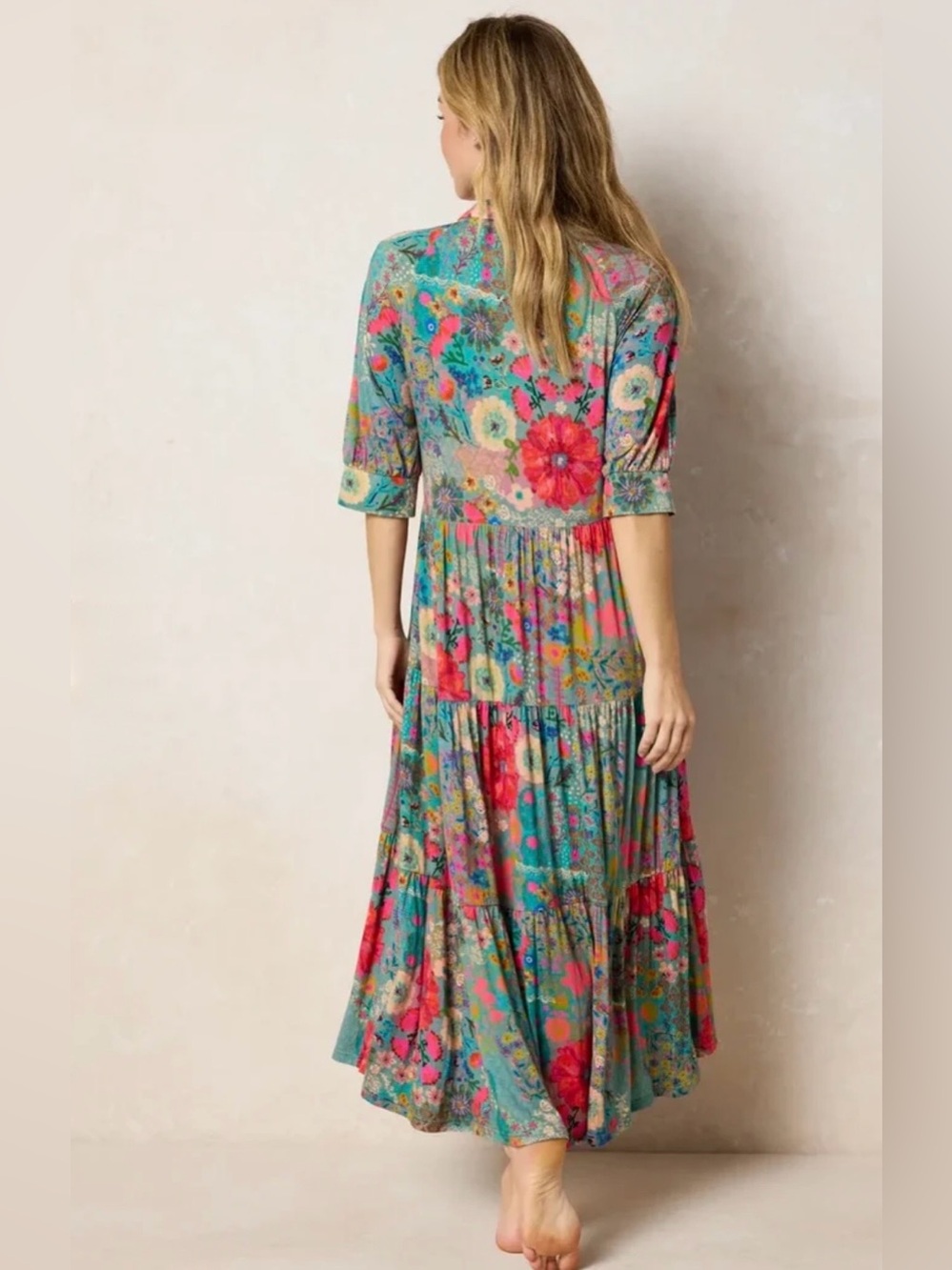 Natural Life Rebecca ButterSoft Blue Garden Patchwork Floral Midi Dress L NWT - Picture 4 of 14
